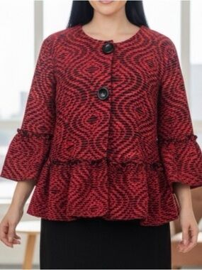 Red &Black Jacket 2X with ruffled Bell Sleeves & ruffled hem front. NWOT